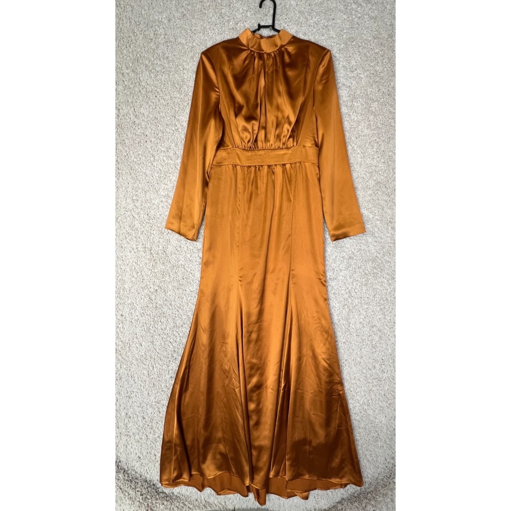 FEHAUTE Dress Golden Satin Ruched High Neck Long Sleeve‎ A Line Gown Size 6